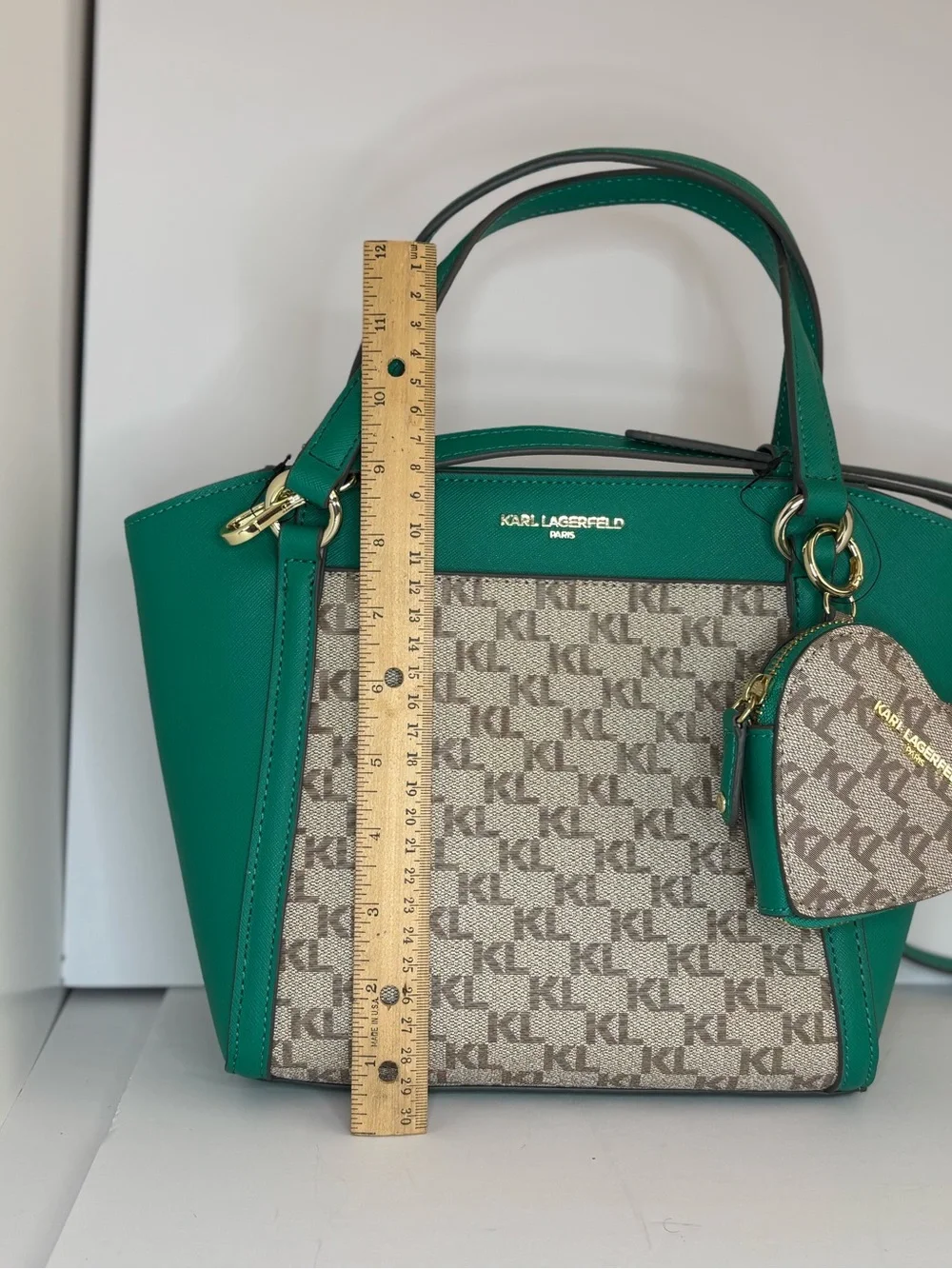 Karl Lagerfeld Teal and Beige Logo-Panel Satchel with Heart Charm